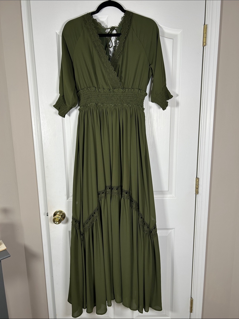 Smocked Waist Olive Green Maxi Dress with Lace Trim size M